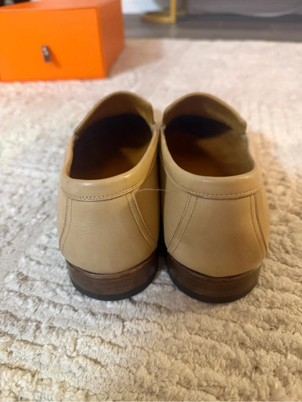 Hermes Light Beige Leather Men's Slip-On Loafers with Perforated Logo